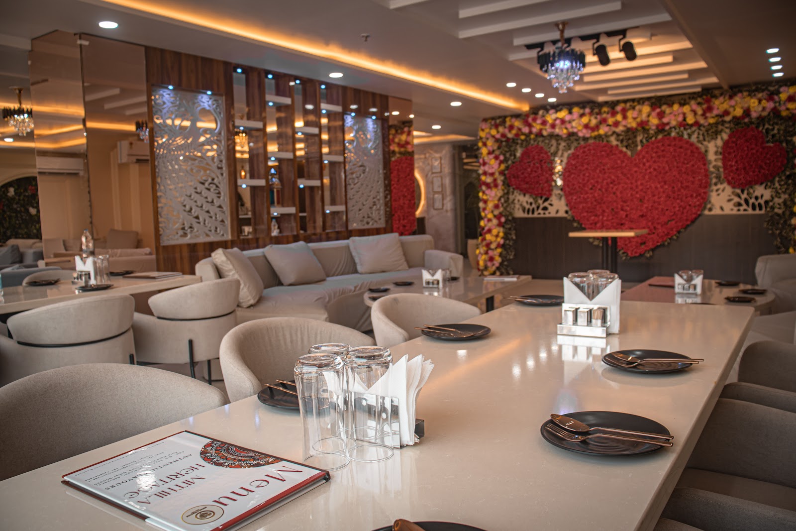 Celebration-ready restaurant setting at Mithila Heritage