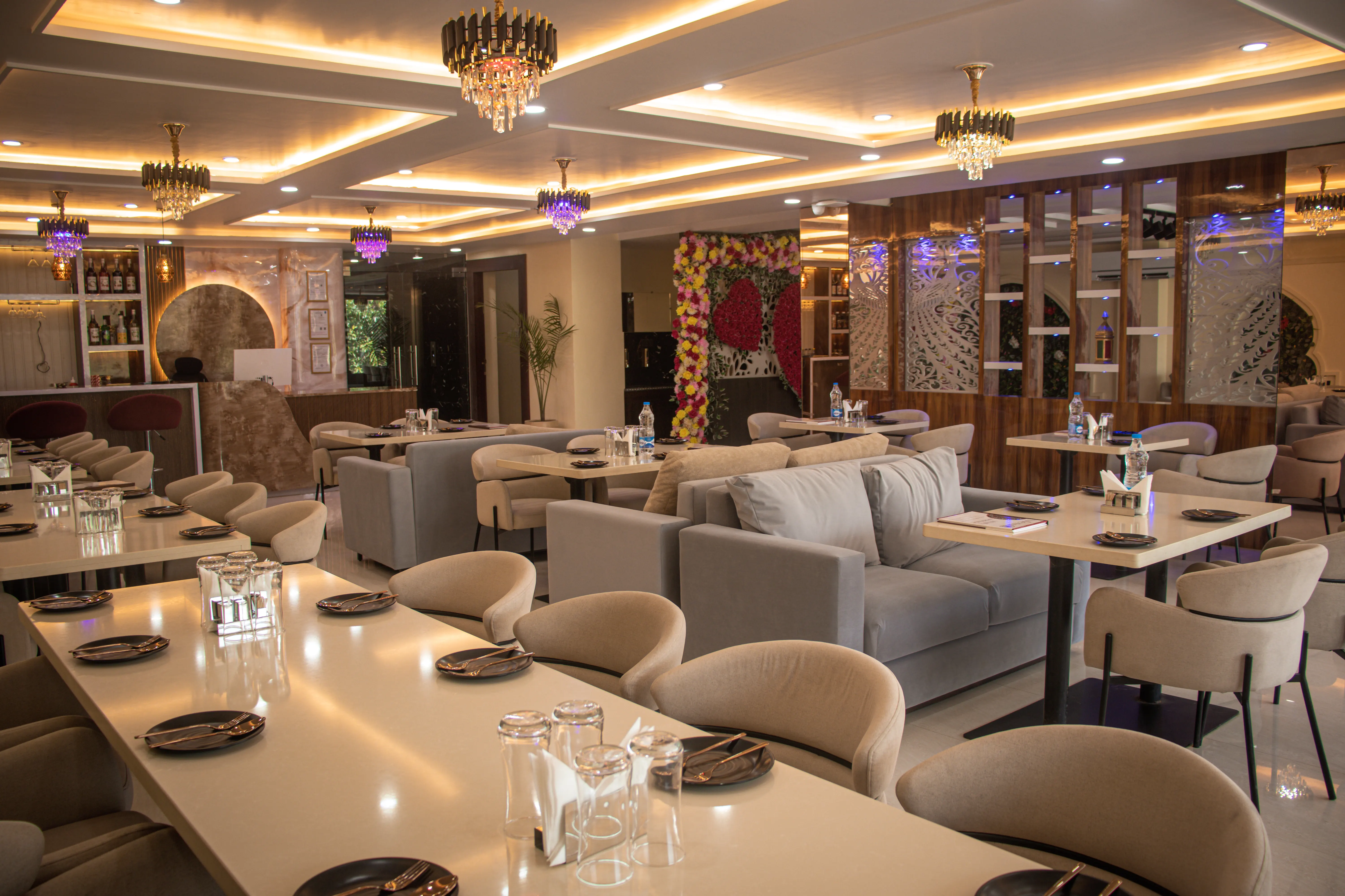 Spacious banquet hall with elegant lighting